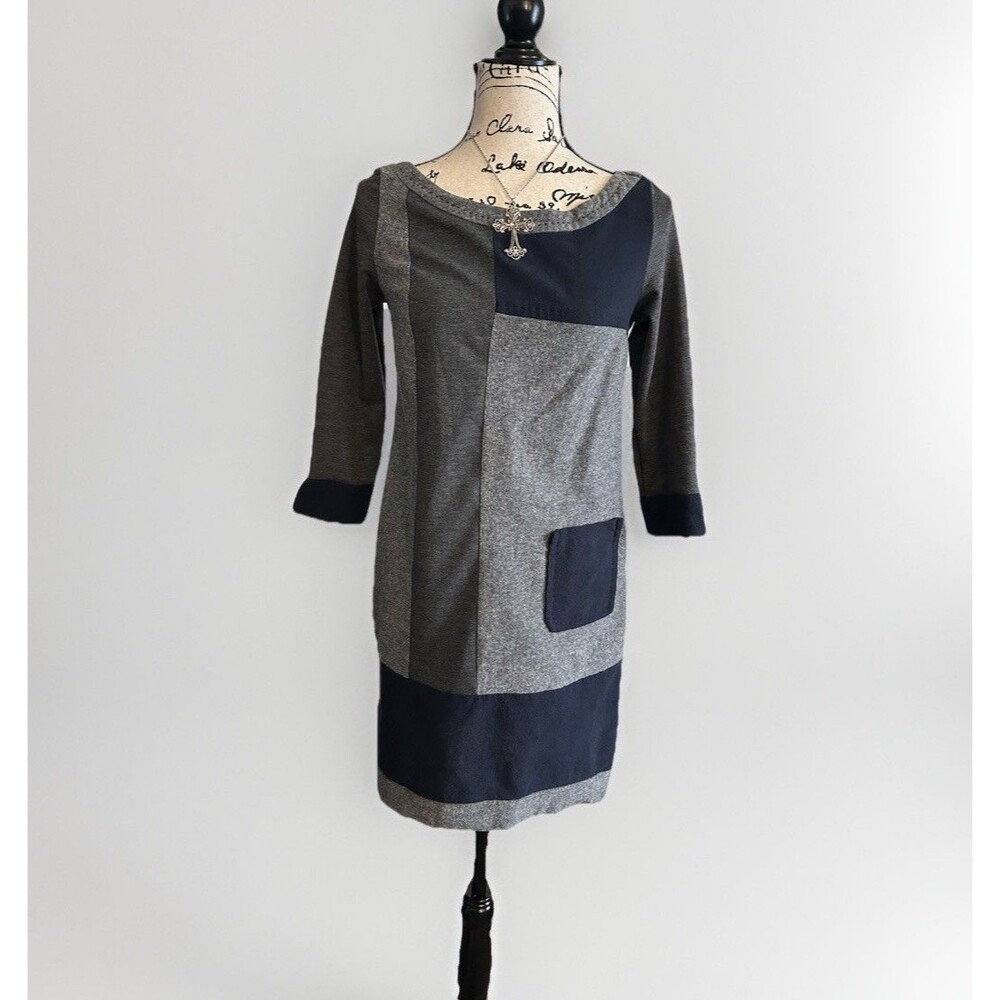 Mado et les Autres Lagenlook Grey Patchwork Artsy Style Dress W Pocket Size M